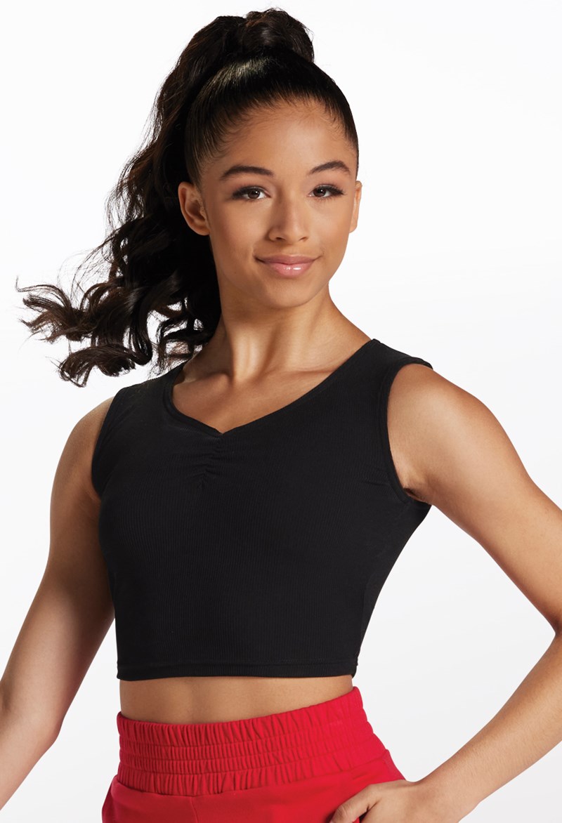 Dance Tops - Ribbed Knit V-Neck Crop Top - Black - Medium Child - 14058