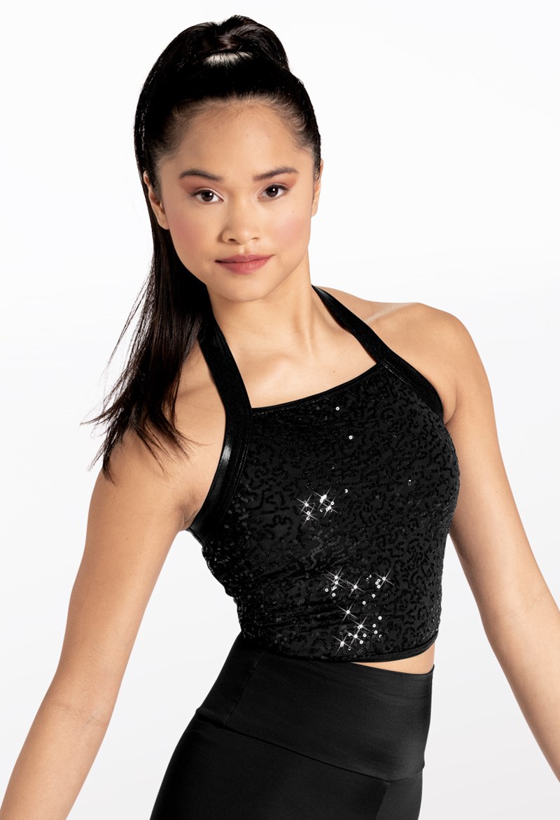 Dance Tops - Cropped Sequin Halter Top - Black - Large Child - 14235