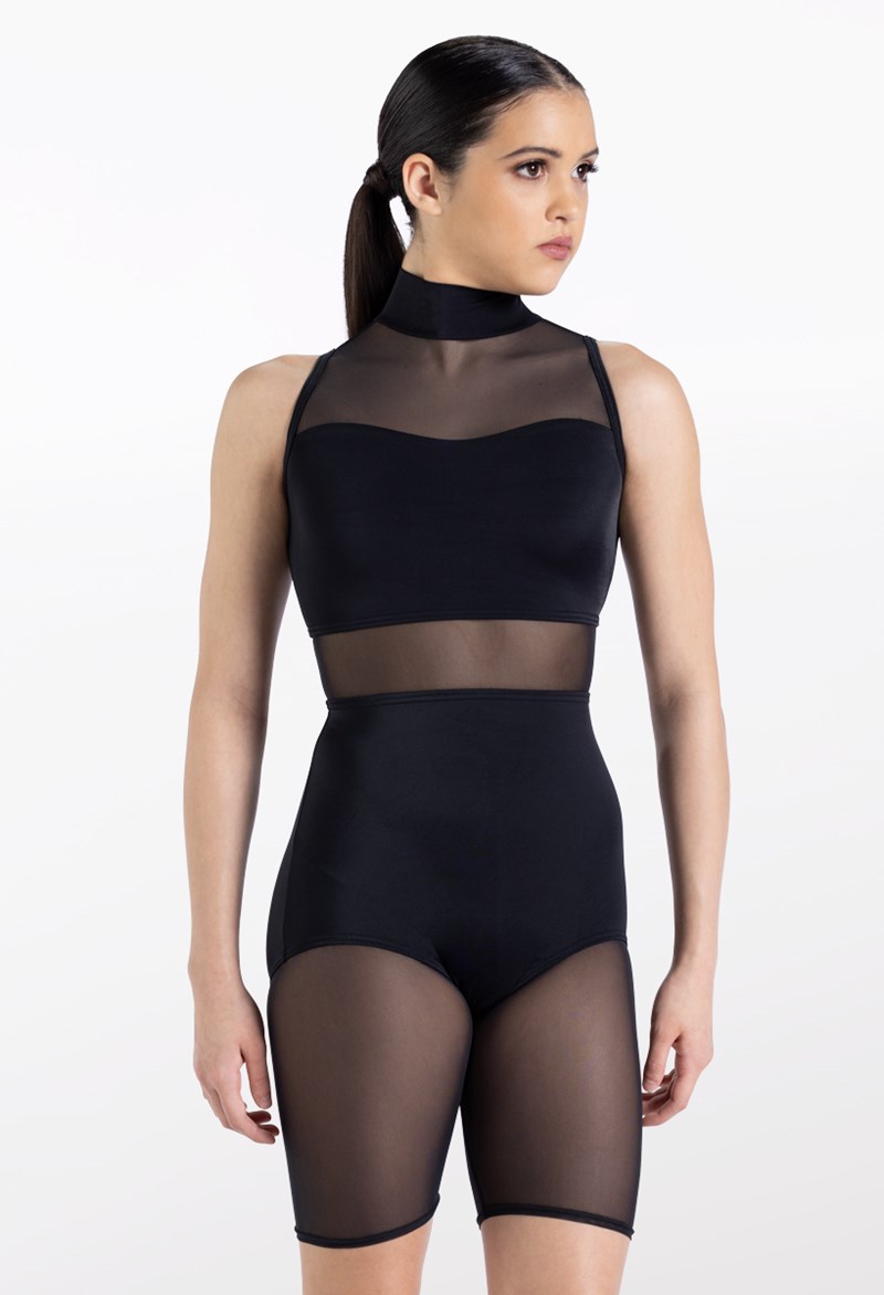 Dance Leotards - Mesh Inset Bike Short Unitard - Black - Large Adult - 14425