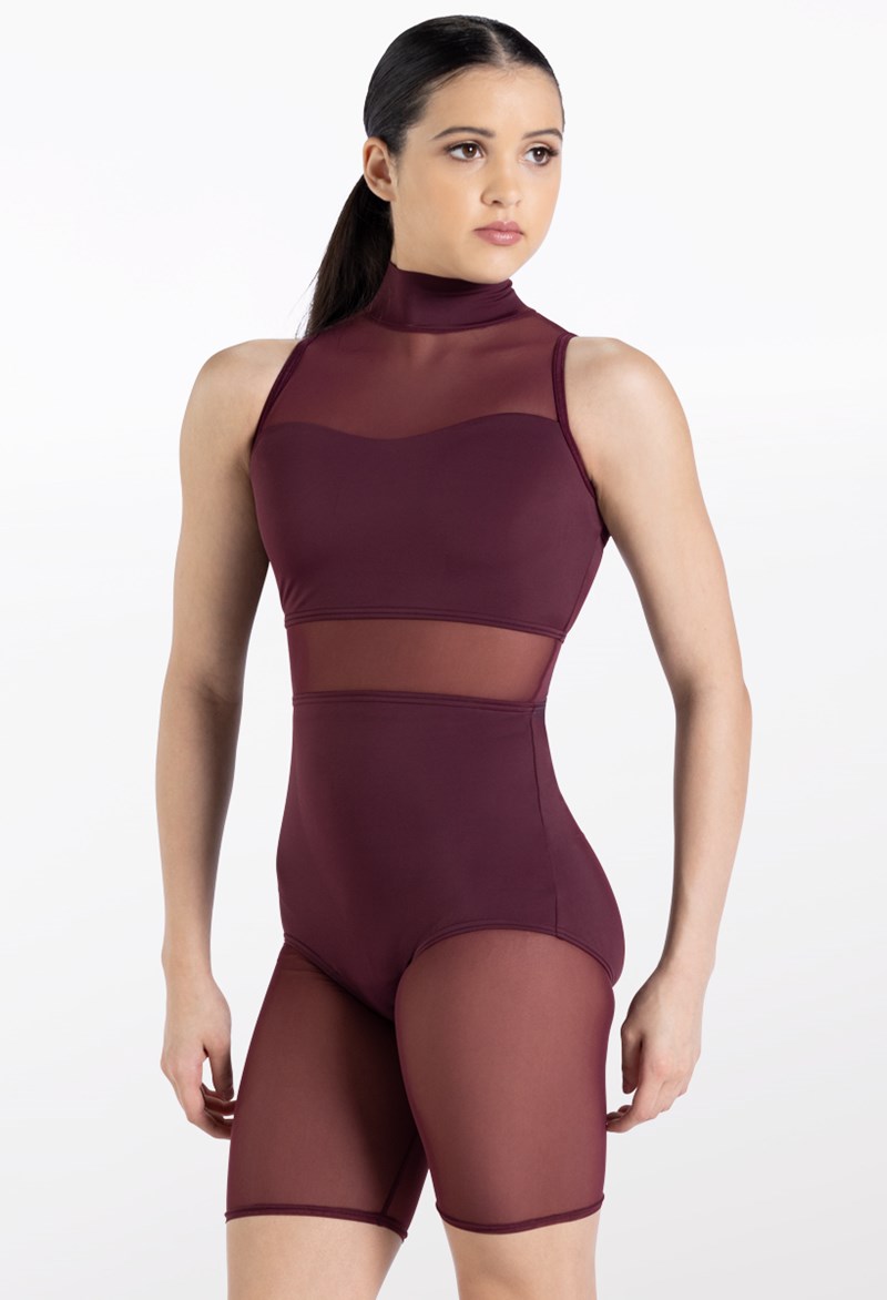 Dance Leotards - Mesh Inset Bike Short Unitard - RAISIN - Medium Adult - 14425