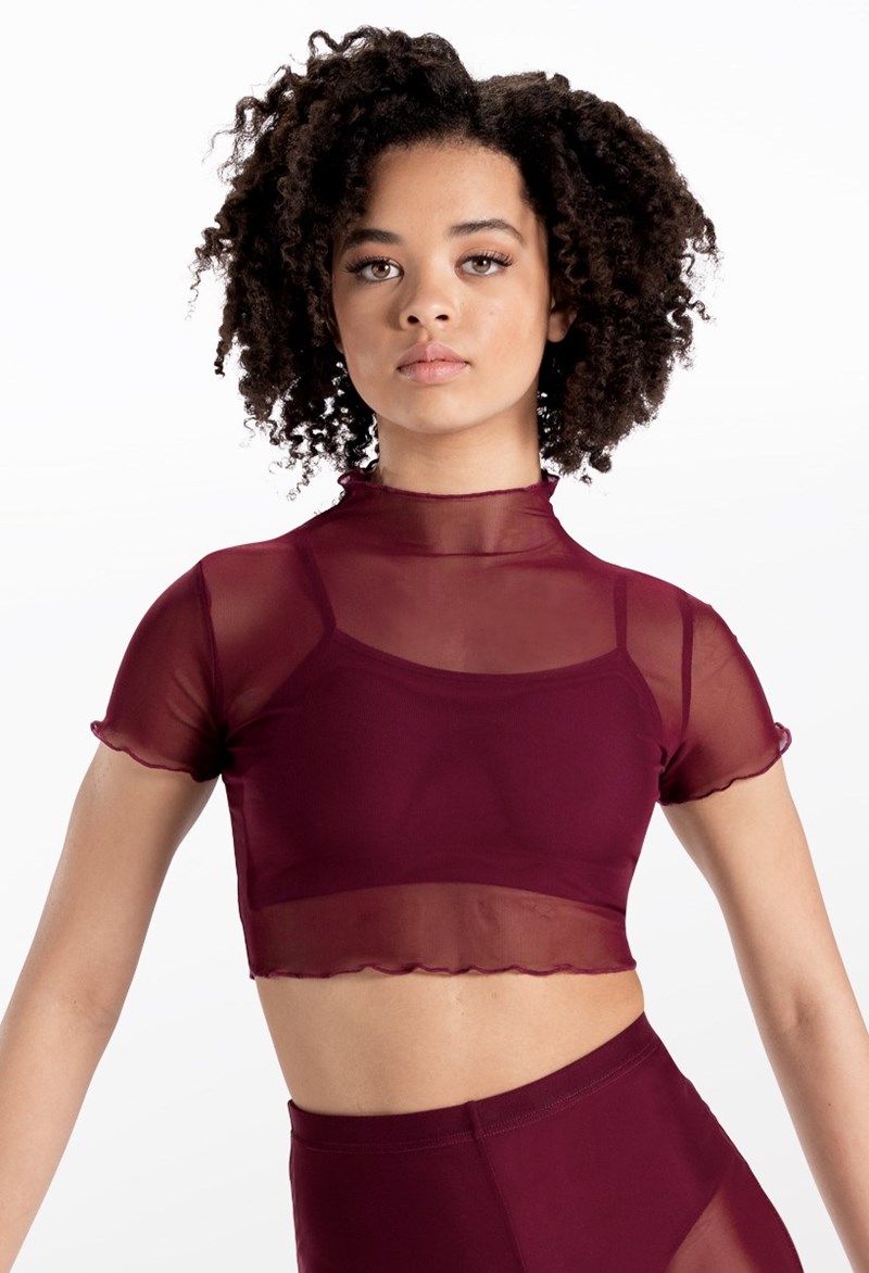Dance Tops - Cropped Power Mesh Tee - Black Cherry - Extra Large Adult - 14428