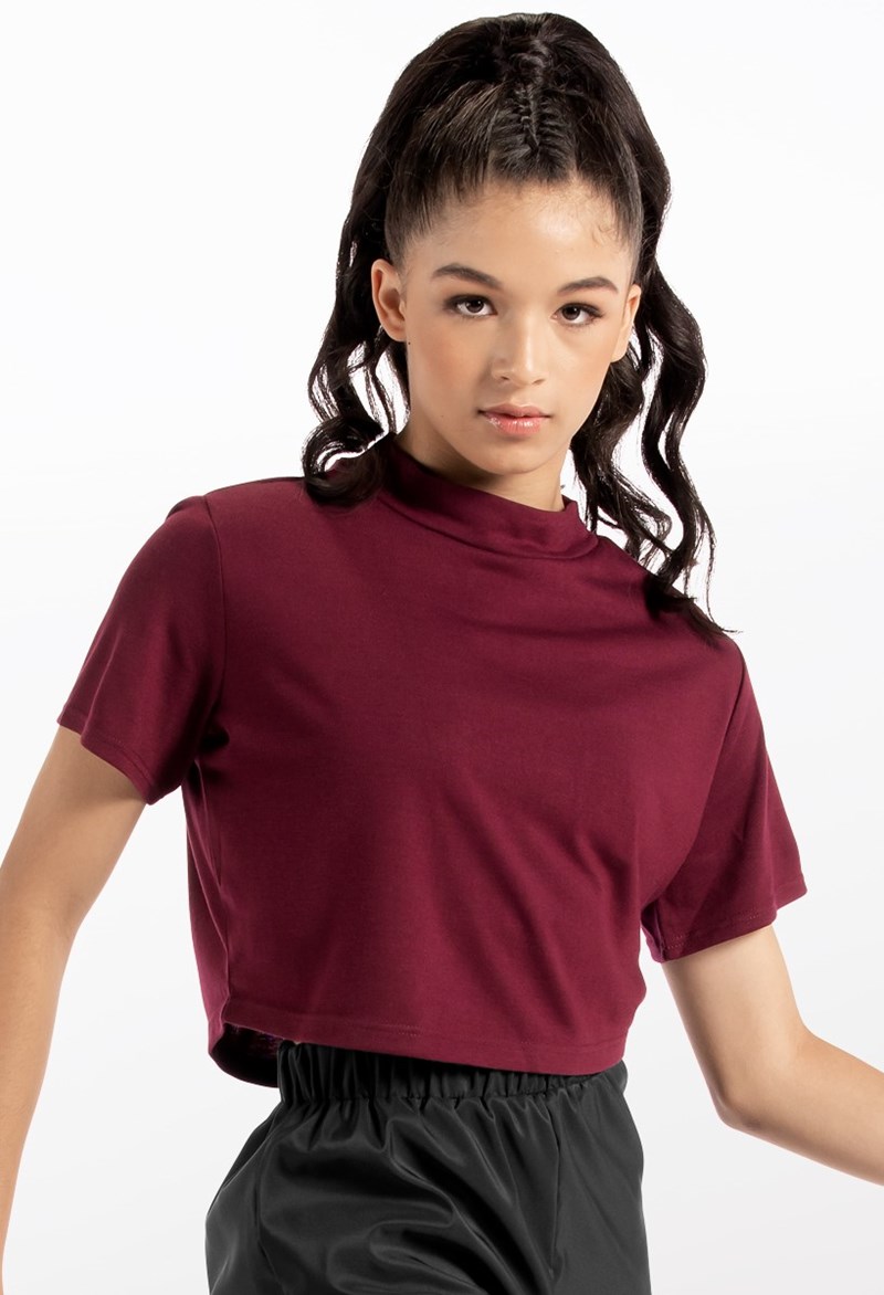 Dance Tops - High Neck Cropped Tee - Black Cherry - Large Adult - 14542
