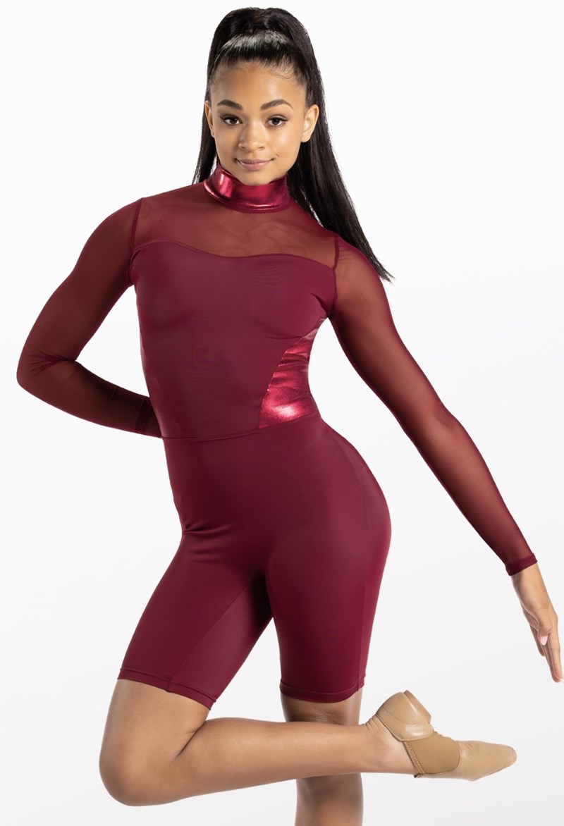 Dance Leotards - Mesh And Metallic Biketard - Black Cherry - Extra Large Adult - 14580