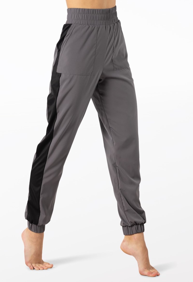Dance Leggings - Woven Tech Side Stripe Pants - GRAY/BLACK - Medium Child - 14601