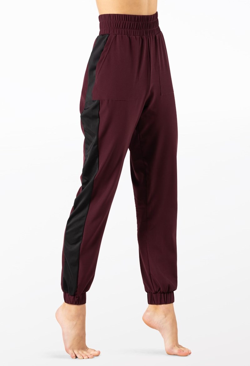 Dance Leggings - Woven Tech Side Stripe Pants - RAISIN/BLACK - Large Adult - 14601