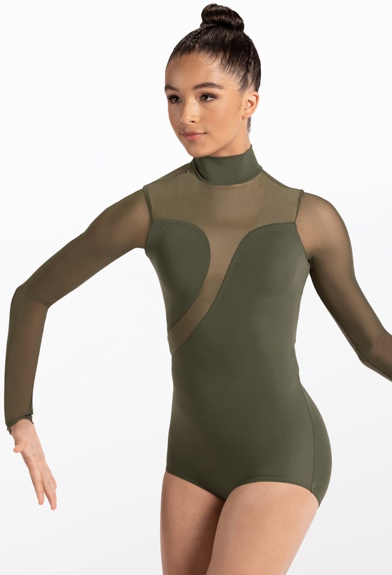 Dance Leotards - Asymmetric Mesh Plunge Leotard - Olive - Medium Adult - 14627