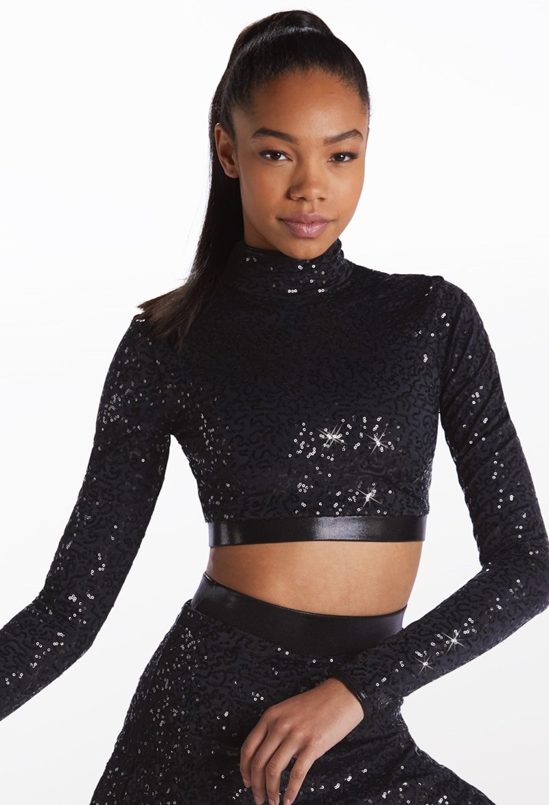 Dance Tops - Sequin Mock Neck Crop - Black - Large Child - 15151