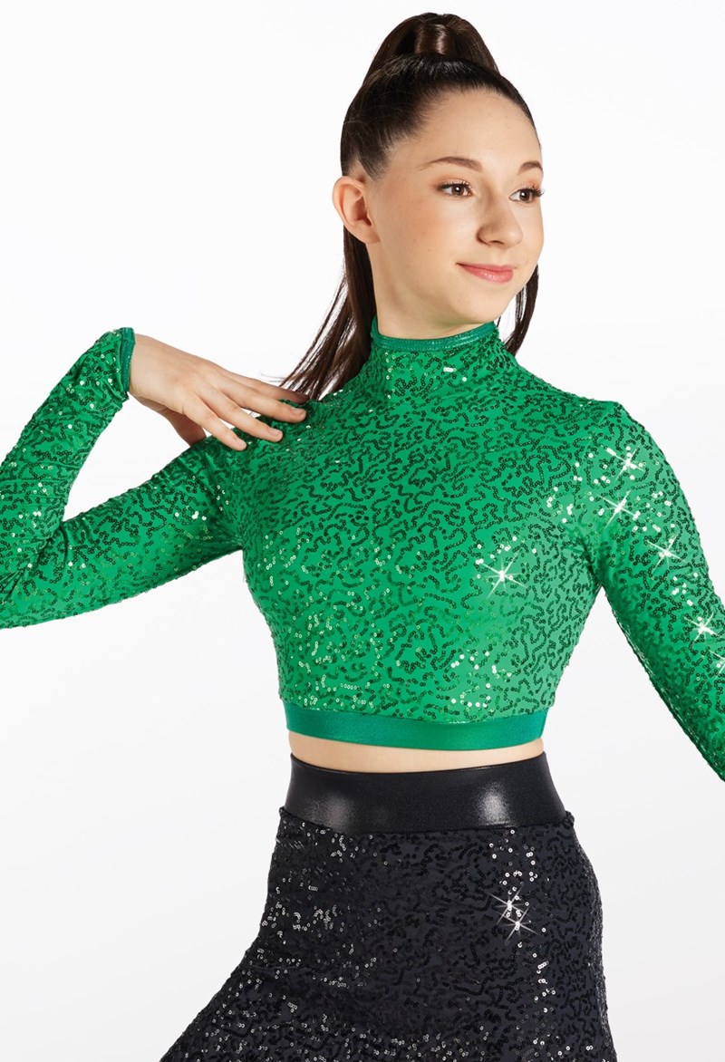 Dance Tops - Sequin Mock Neck Crop - Kelly - Small Adult - 15151