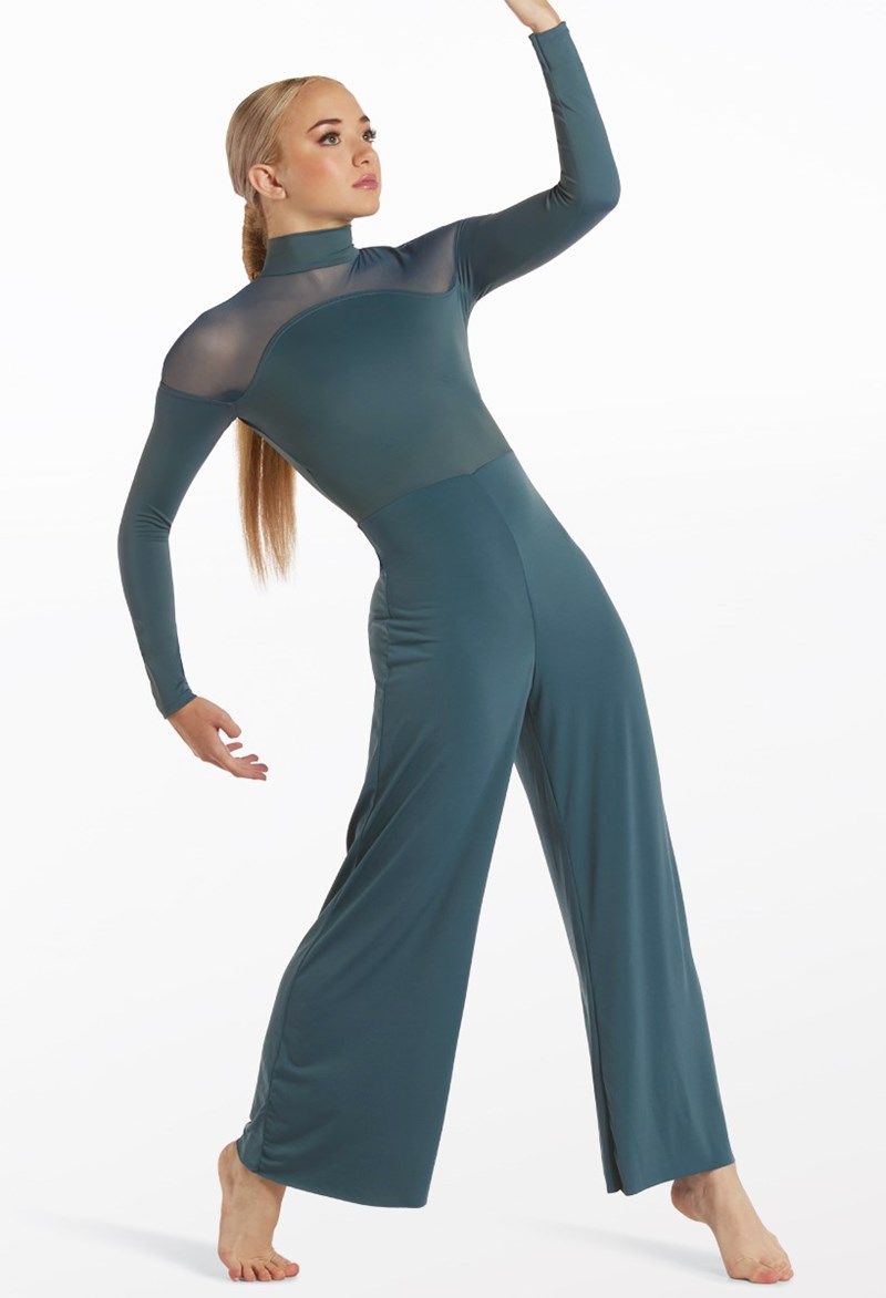 Dance Leotards - Curved Illusion Neck Jumpsuit - PINE - Large Adult - 15278