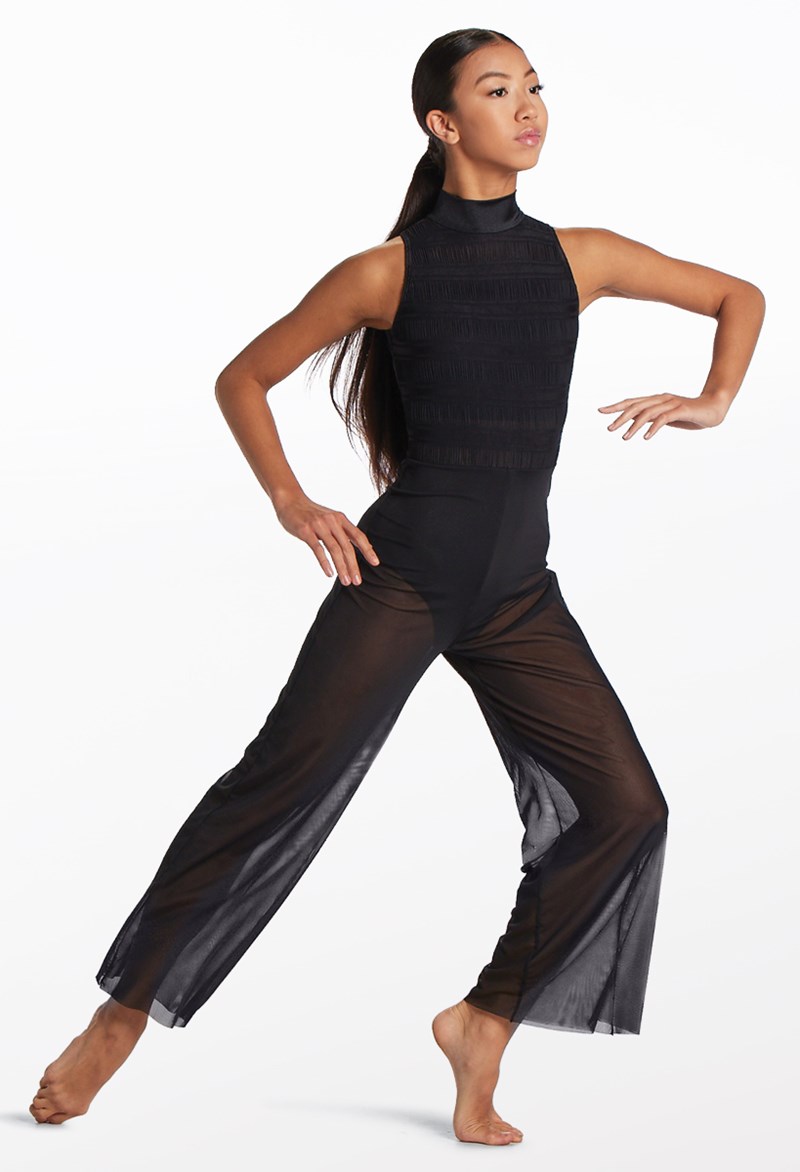 Dance Leotards - Mock Neck Shirred Jumpsuit - Black - Extra Large Adult - 16290