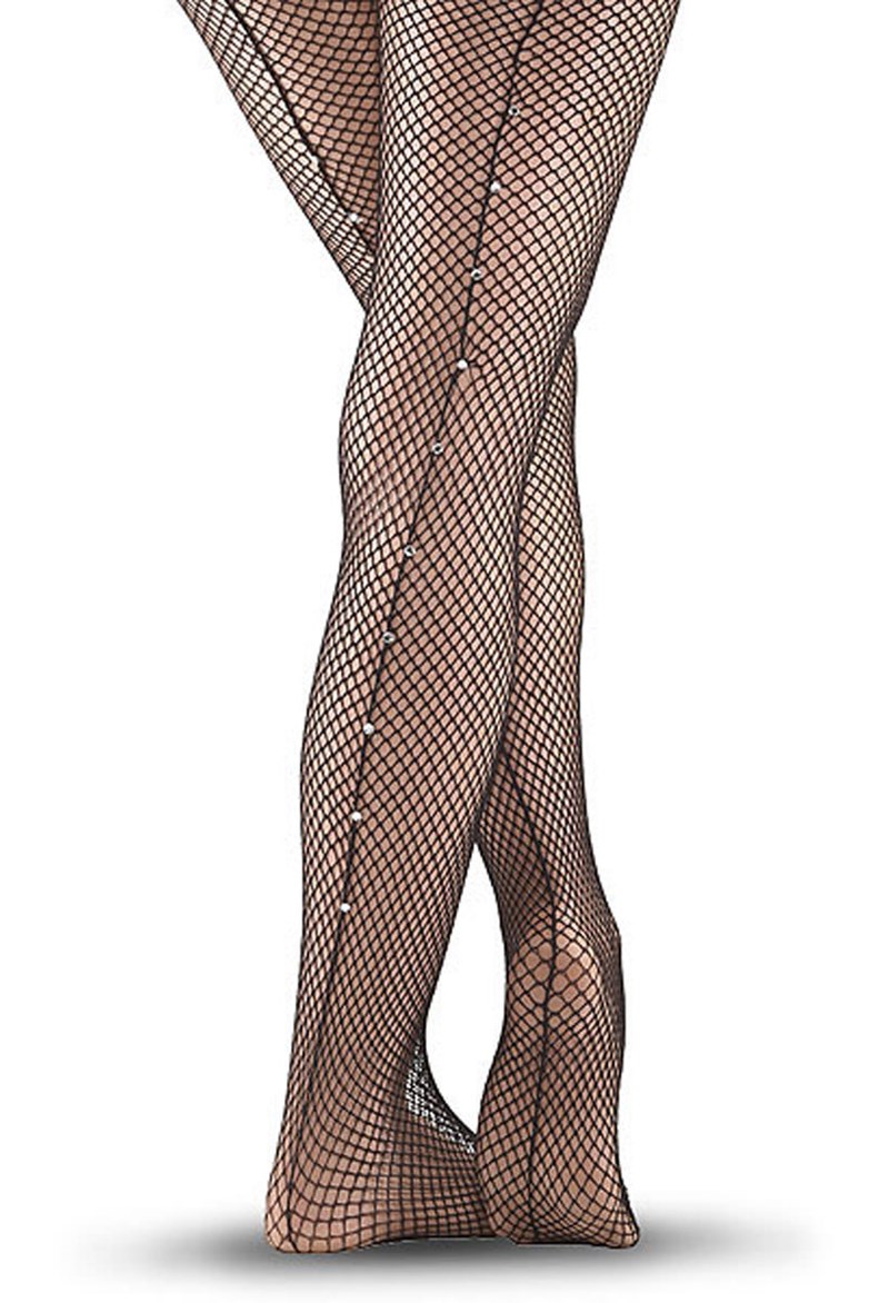 Dance Tights - Rhinestone Seam Fishnet Tights - Black - OSFA - 9133