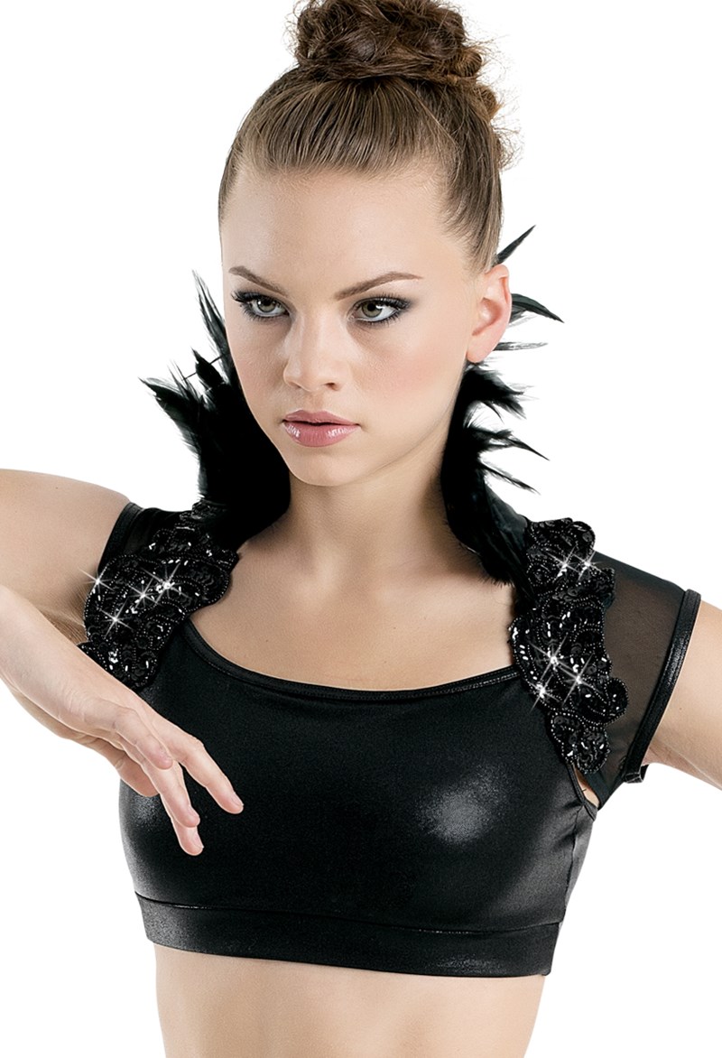 Feather-Accent Mesh Shrug