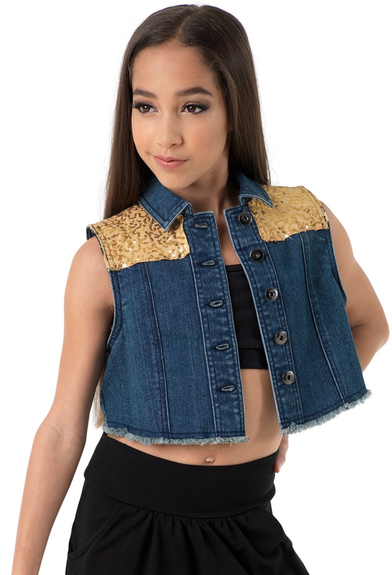 Sequin-Shoulder Denim Vest