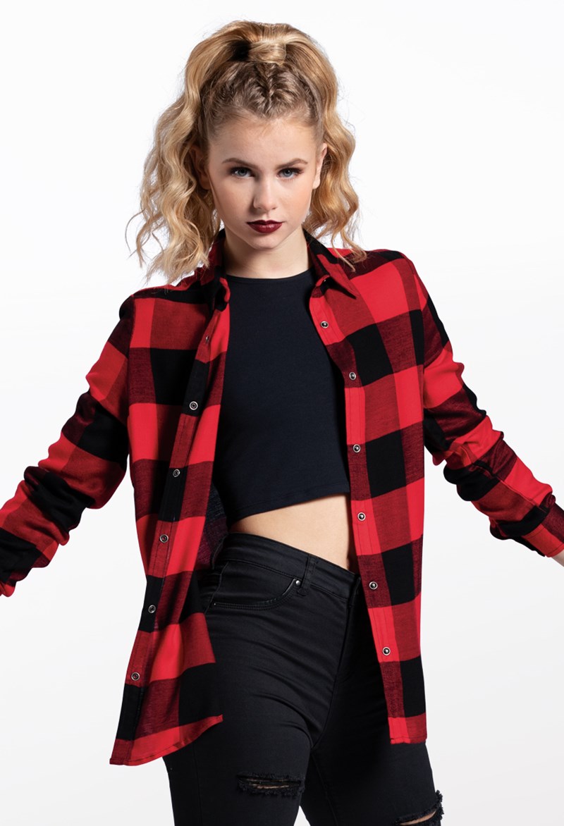 Dance Tops - Oversized Buffalo Plaid Shirt - Red - Large Child - AH10810