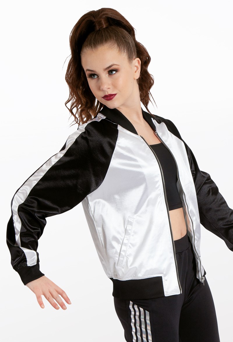 Dance Tops - Striped Sleeve Satin Bomber - Red/Black - Large Adult - AH9920