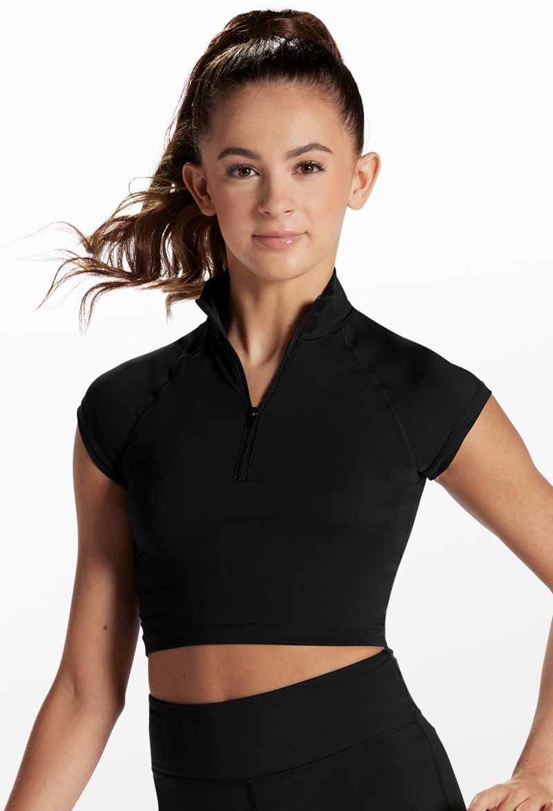 Dance Tops - FlexTek Zip Front Crop Top - Black - Large Adult - CF12337