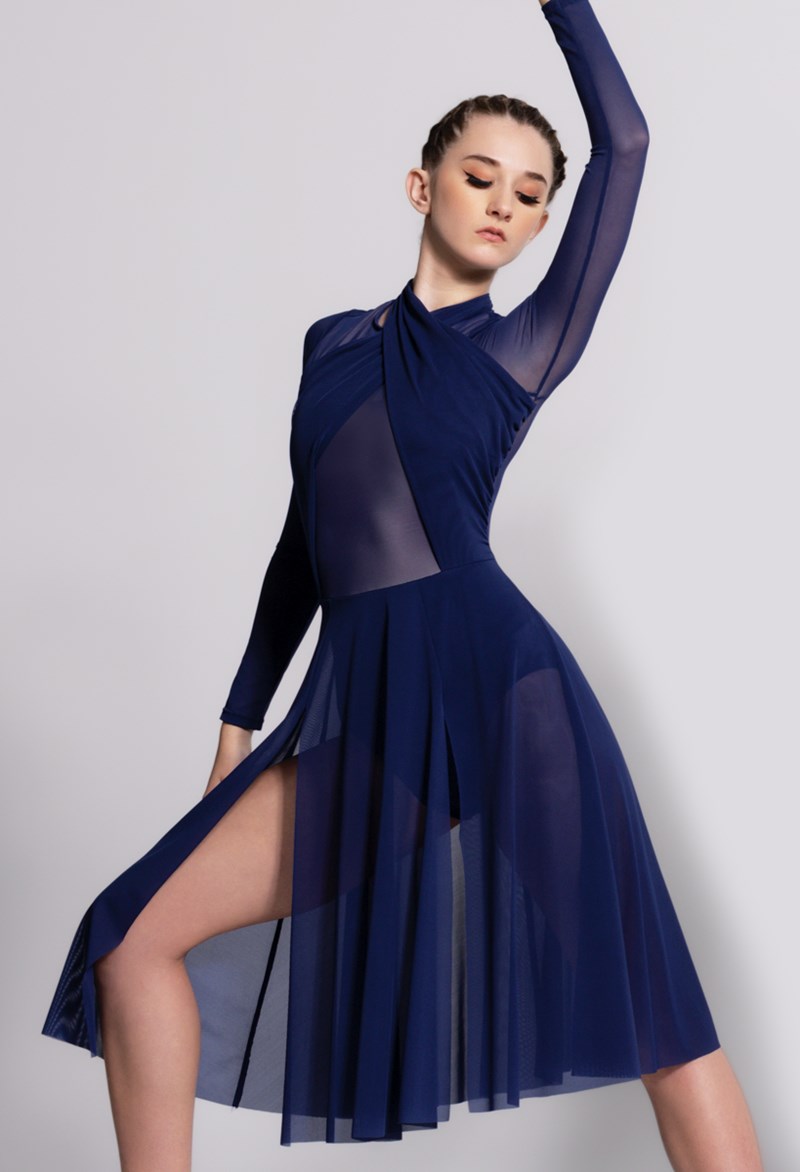 Dance Dresses - Mesh Halter Wrap Midi Dress - Navy - Large Adult - D10402