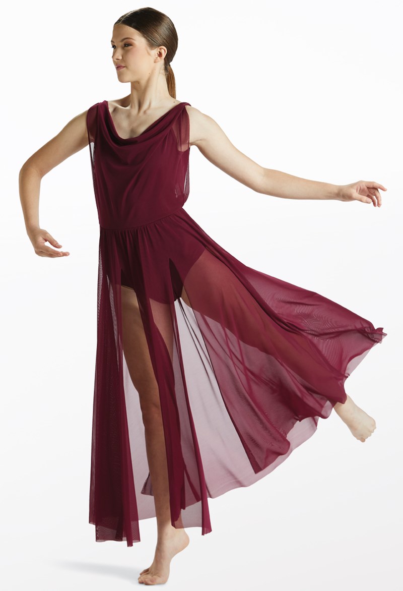 Dance Dresses - Double Cowl Mesh Maxi Dress - Black Cherry - Large Adult - D10454