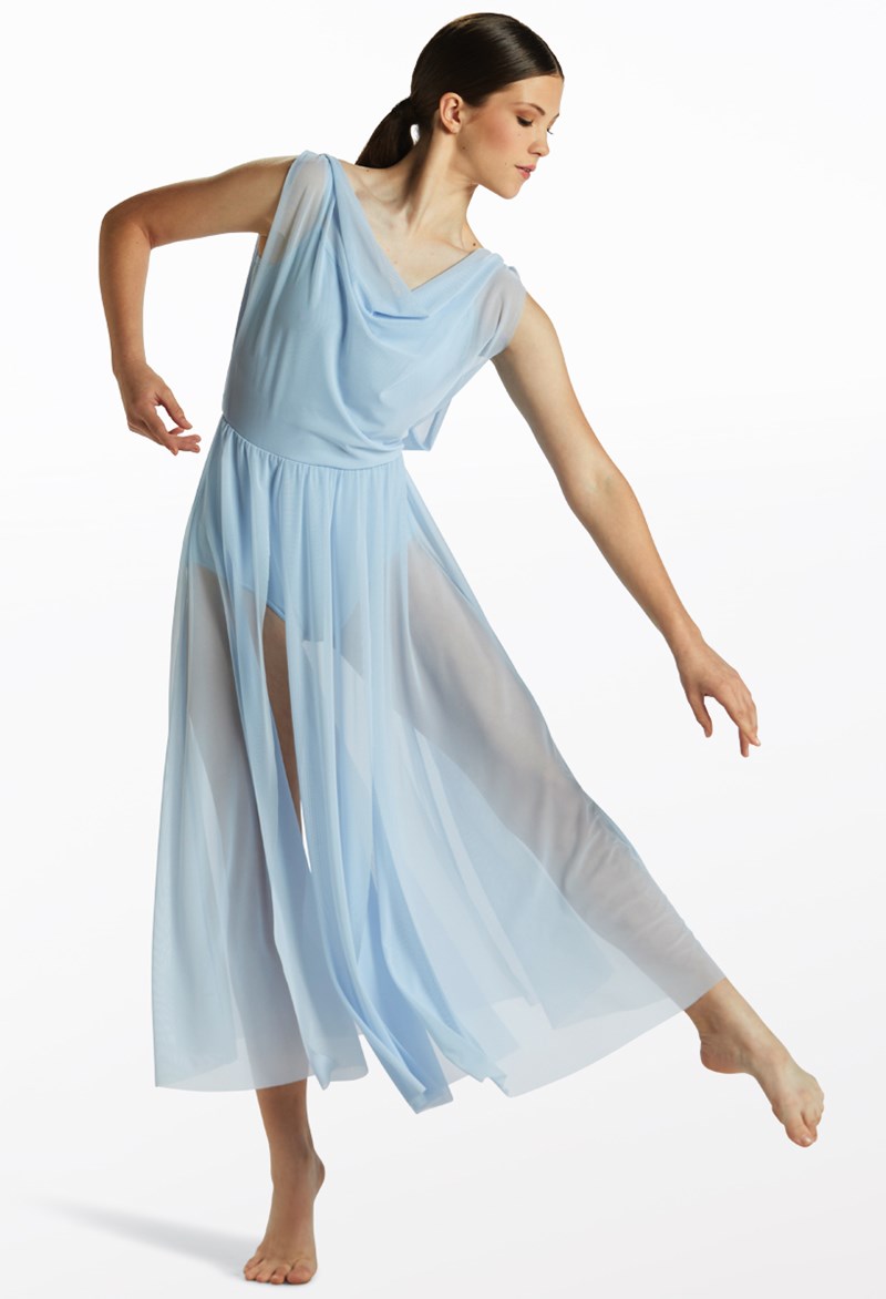 Dance Dresses - Double Cowl Mesh Maxi Dress - POWDER BLUE - Medium Adult - D10454