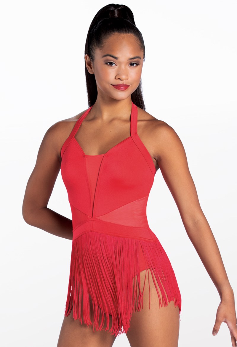 Dance Dresses - Lustre Fringe Halter Dress - Red - Large Adult - D11359