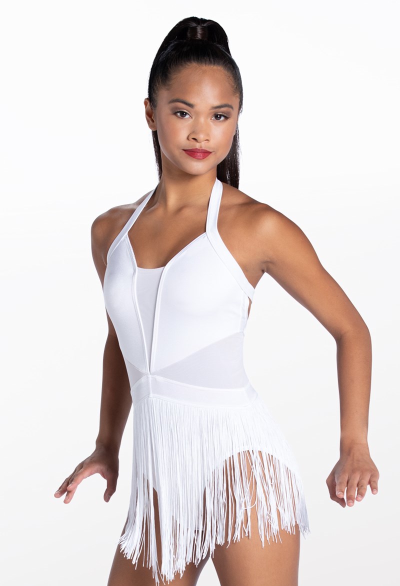 Dance Dresses - Lustre Fringe Halter Dress - White - Large Adult - D11359