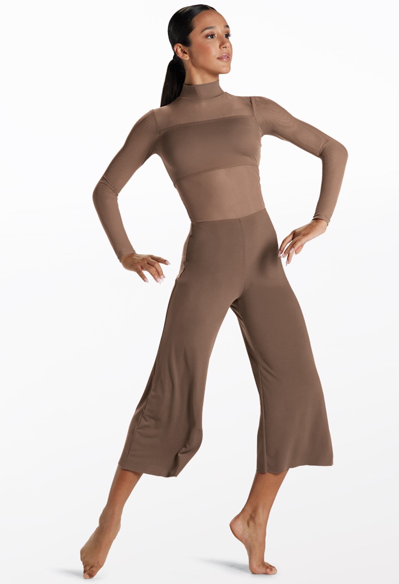 Dance Leotards - Culotte Unitard With Mesh - Mocha - Small Adult - MJ11187