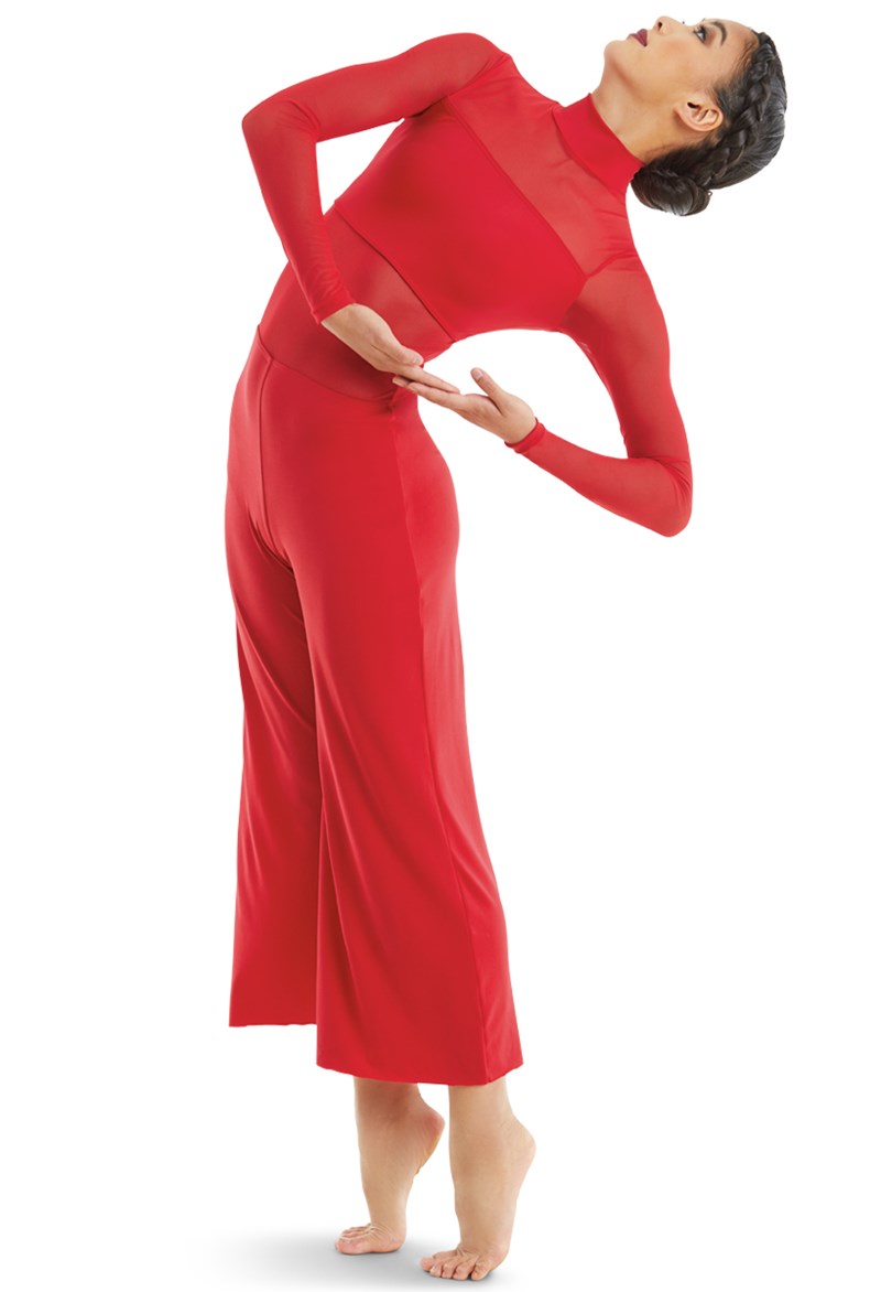 Dance Leotards - Culotte Unitard With Mesh - Red - Large Adult - MJ11187