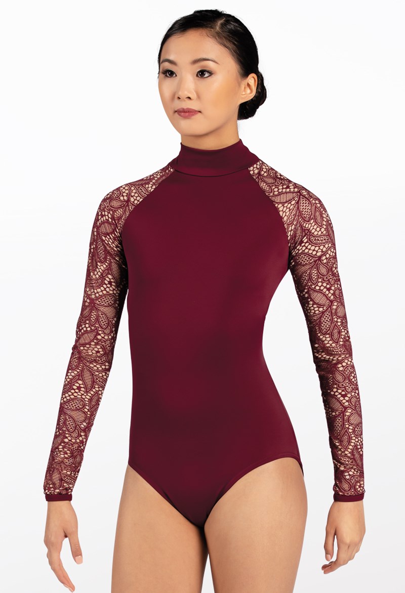 Dance Leotards - Leotard With Lace Long Sleeves - Black Cherry - Extra Large Adult - MT10292