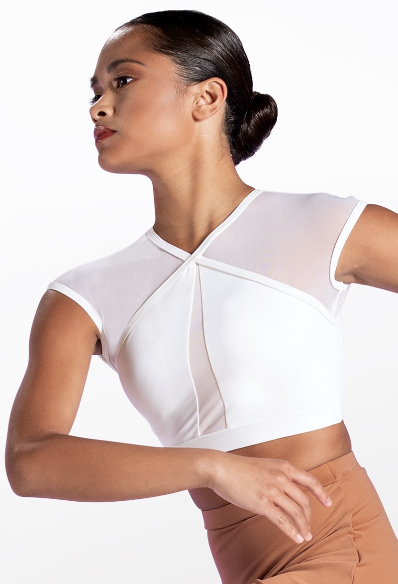 Dance Tops - Illusion Mesh Crop Top - White - Extra Large Adult - MT10463
