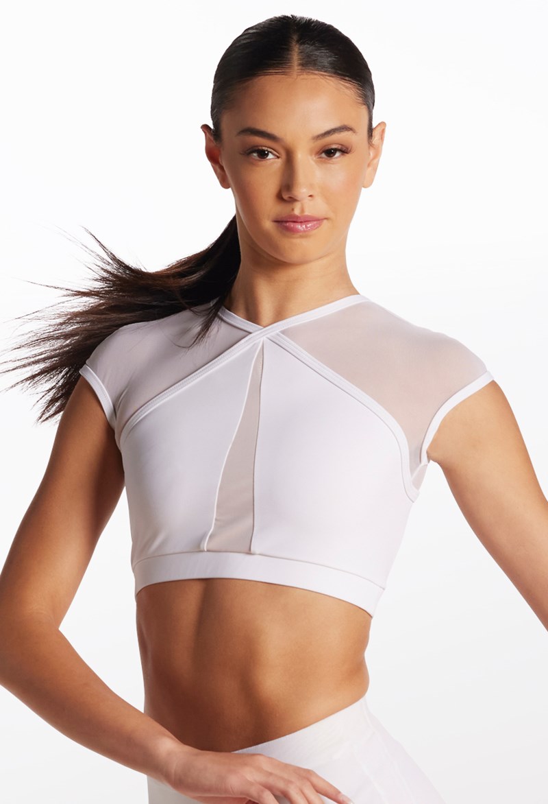 Dance Tops - Illusion Mesh Crop Top - White - Large Child - MT10463