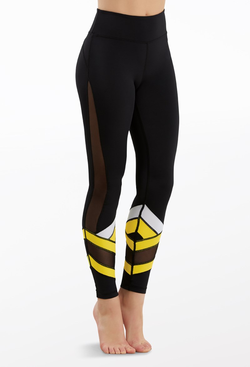 Dance Leggings - Bright Stripe Mesh Leggings - BLACK/CANARY - Medium Adult - MT10515