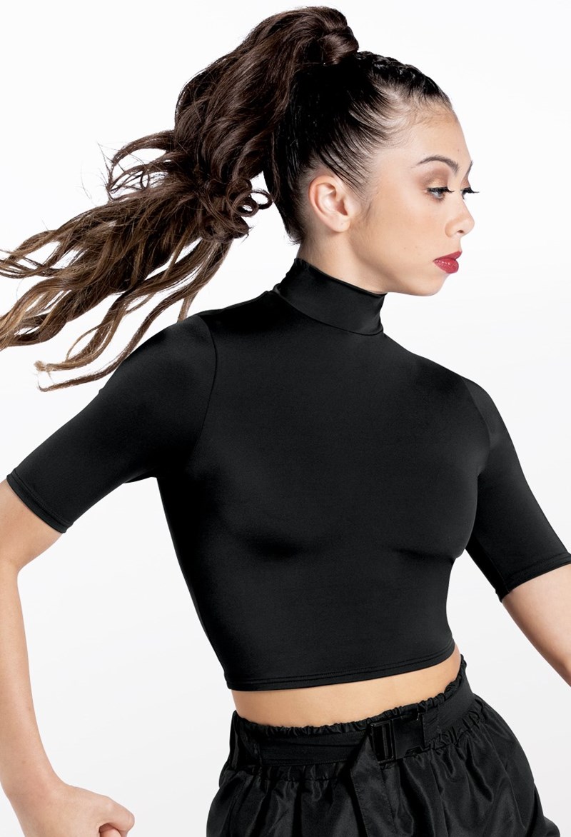 Dance Tops - Half Sleeve Mock Neck Crop Top - Black - Large Adult - MT13138