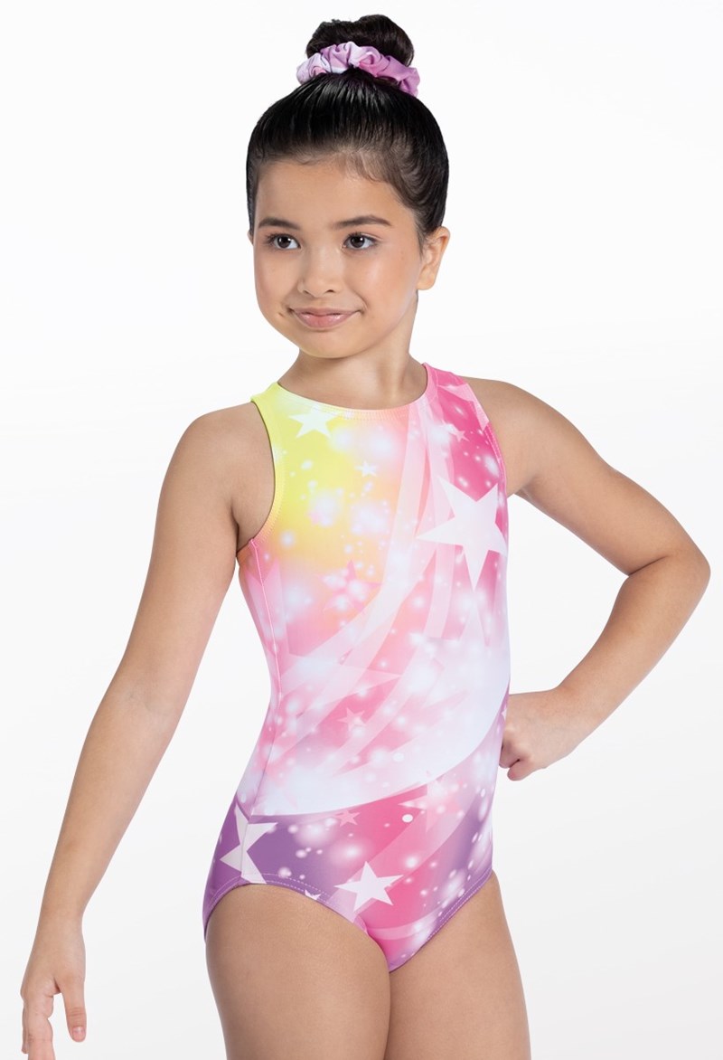 Gymnastic Leotards - Fantasy Prints Leotard - PINK RAINBOW STAR - Small Child - PL12305