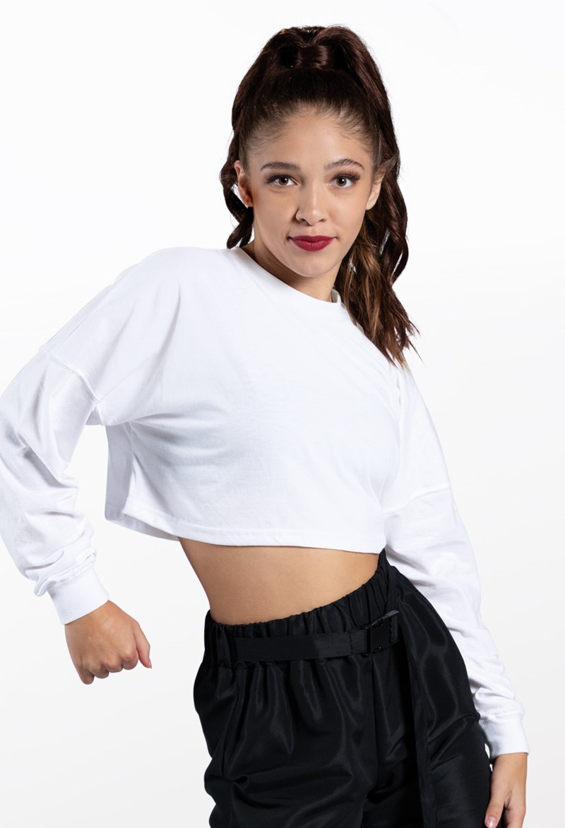 Dance Tops - Cropped Long Sleeve Tee - White - Large Adult - PT12726