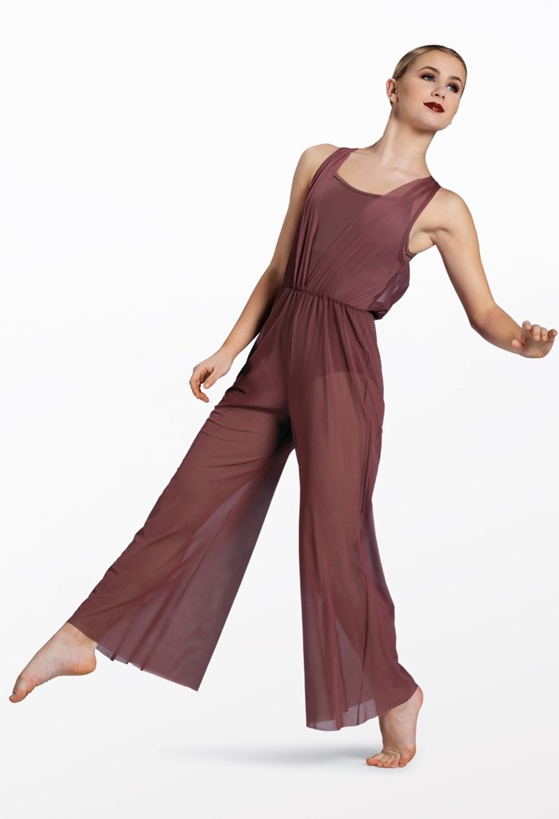 Dance Leotards - Cowl Drape Power Mesh Jumpsuit - ROSEWOOD - Medium Child - SM12126