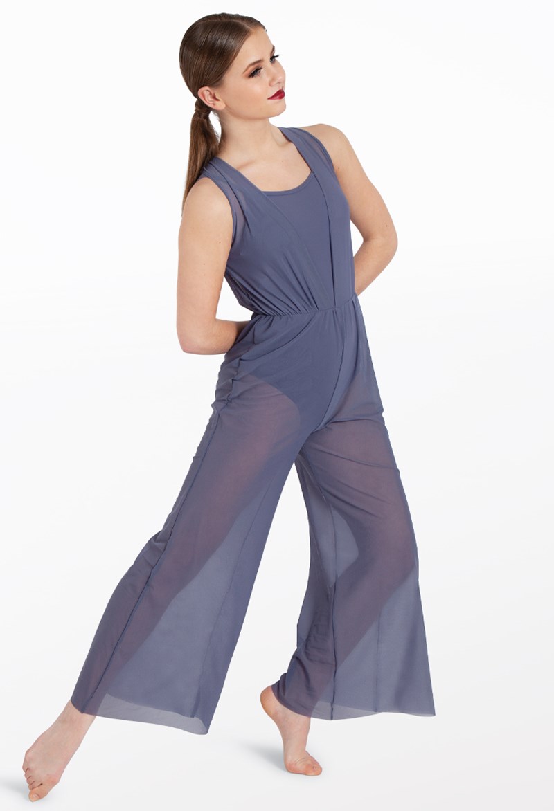 Dance Leotards - Cowl Drape Power Mesh Jumpsuit - Slate Blue - Medium Adult - SM12126