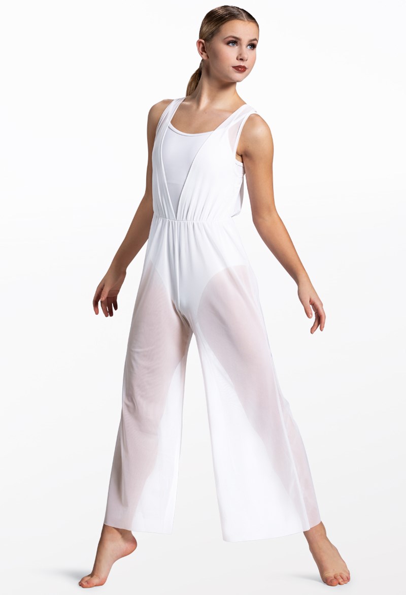 Dance Leotards - Cowl Drape Power Mesh Jumpsuit - White - Small Adult - SM12126