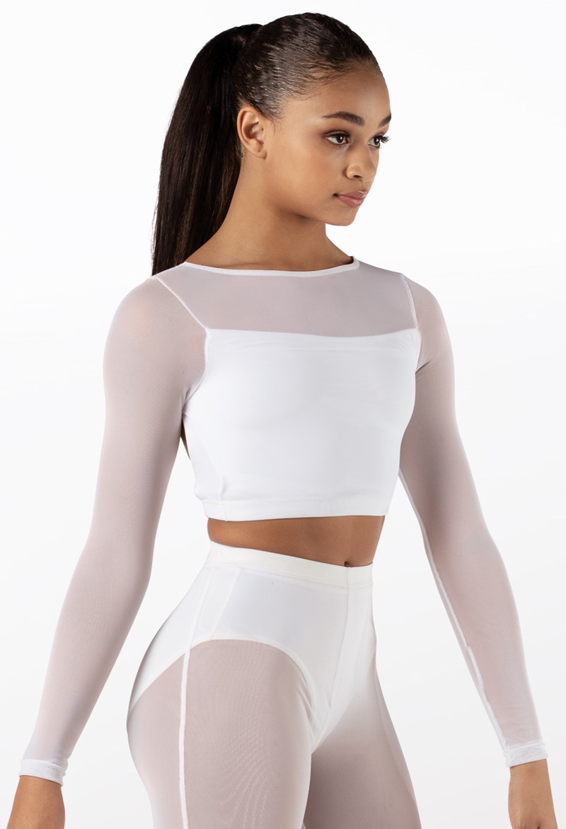 Dance Tops - Long Sleeve Crop Top With Mesh - White - Large Child - SM13070