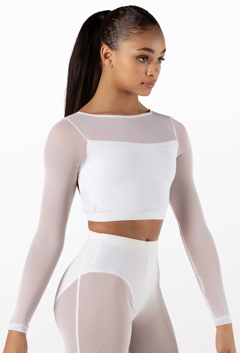 Dance Tops - Long Sleeve Crop Top With Mesh - White - Intermediate Child - SM13070