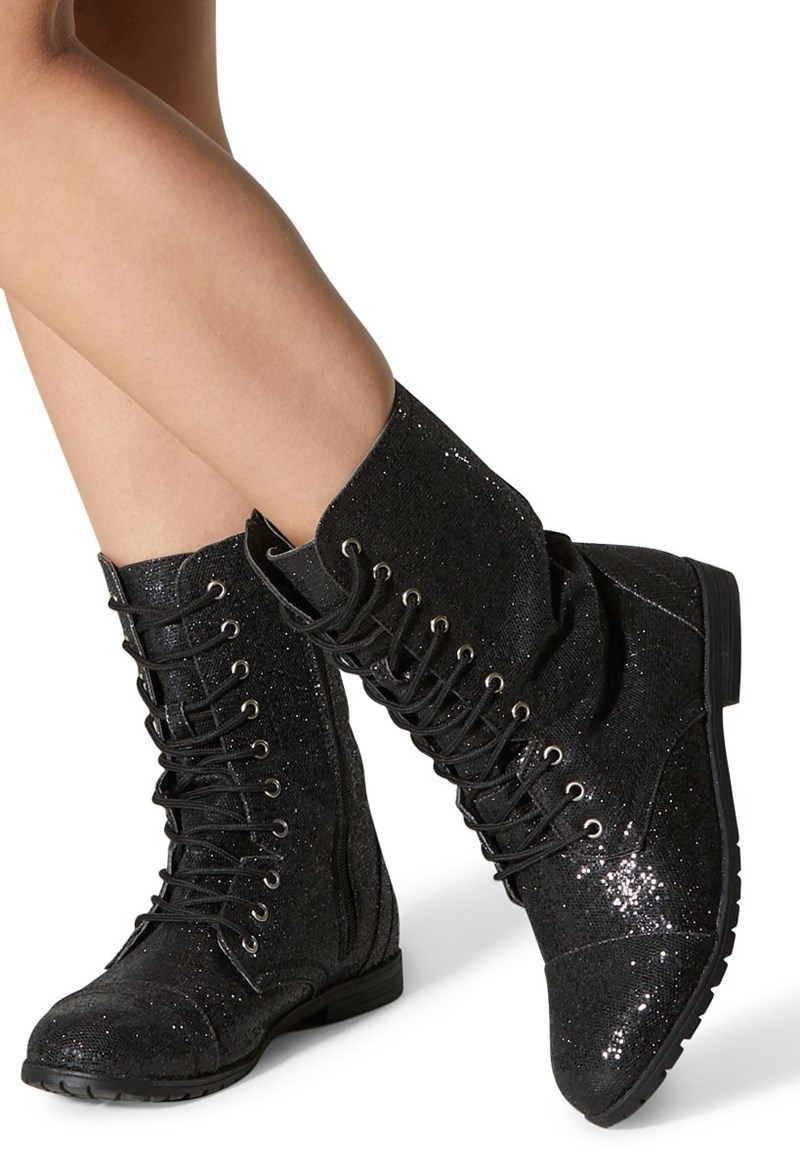Dance Shoes - Glitter Combat Boots - Black - 9.5AM - WL088
