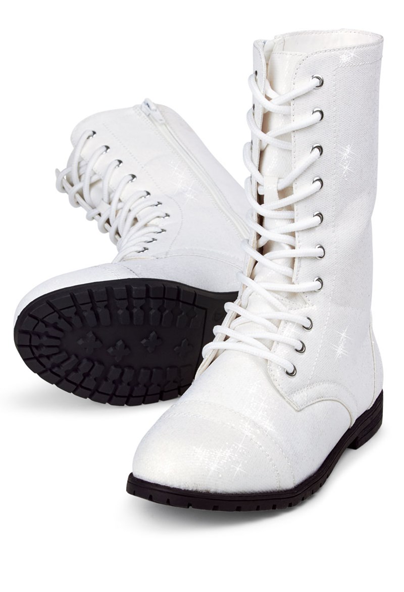 Dance Shoes - Glitter Combat Boots - White - 8AM - WL088