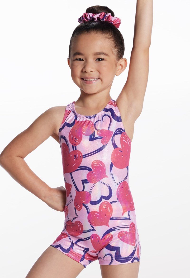 Metallic Prints Biketard - Pink Doodle Hearts - Intermediate Child - Gymnastics Leotard 14611