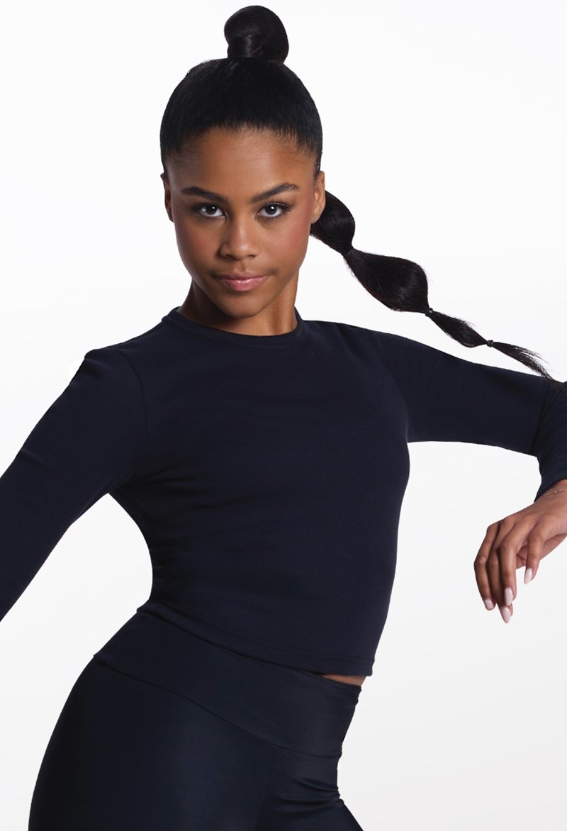 Fine Rib Long-Sleeve Crop Tee - Black - Small Child - Dance Top 17976