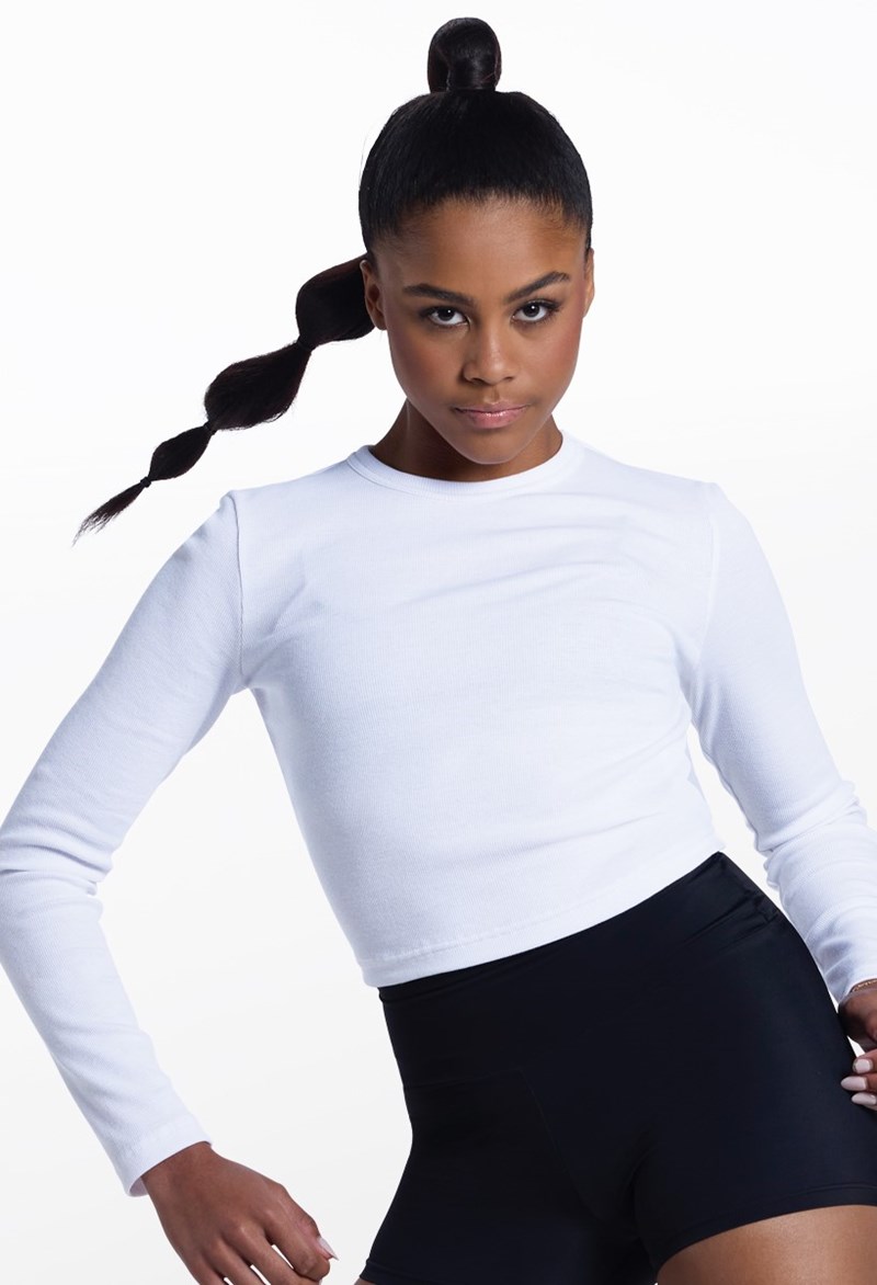 Fine Rib Long-Sleeve Crop Tee - White - XL Adult - Dance Top 17976