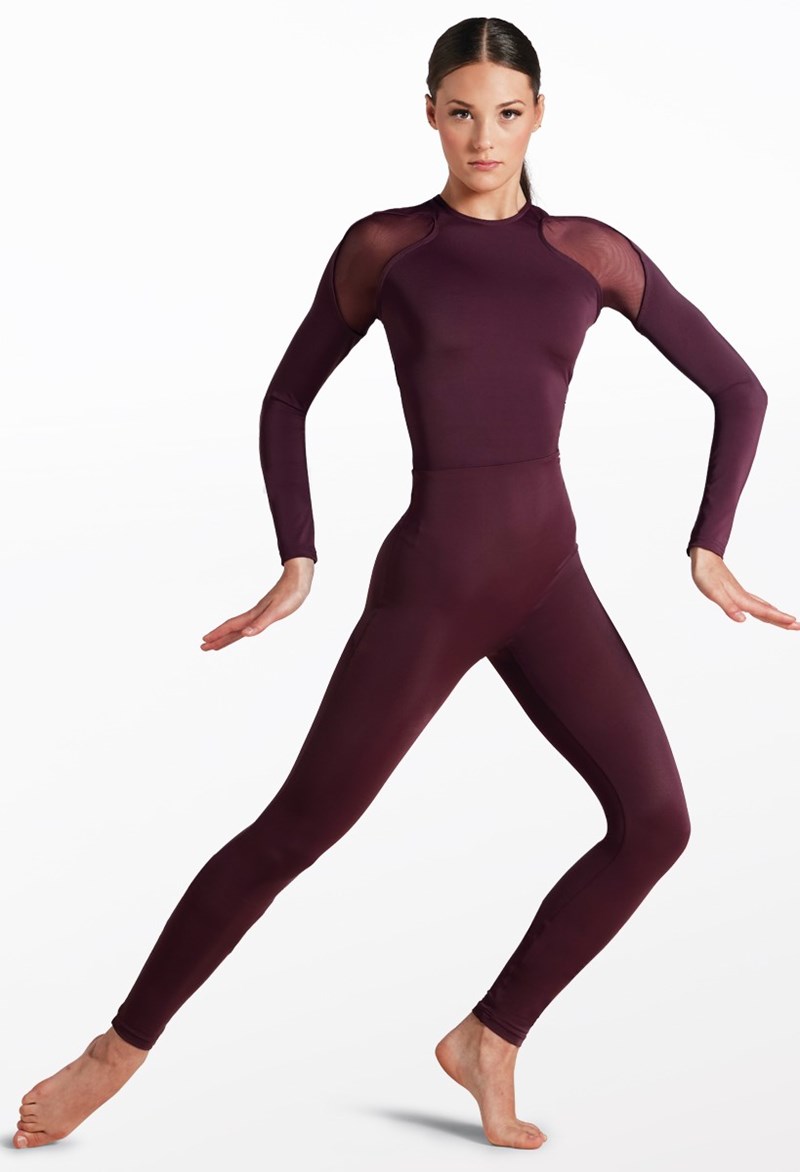 Mesh Inset Long-Sleeve Dance Unitard - Raisin - Small Adult - 18457