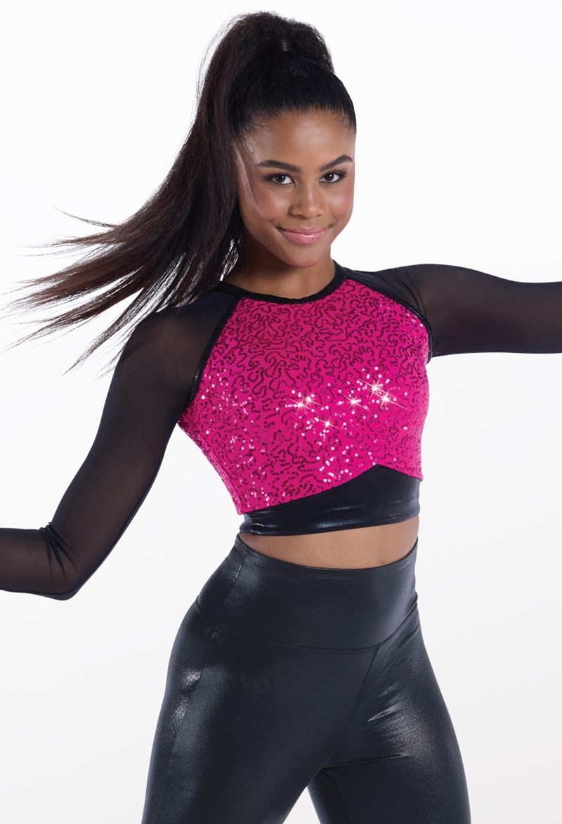 Mesh Sleeve Sequin Crop Top - Lipstick - Large Child - Dance Top 18534