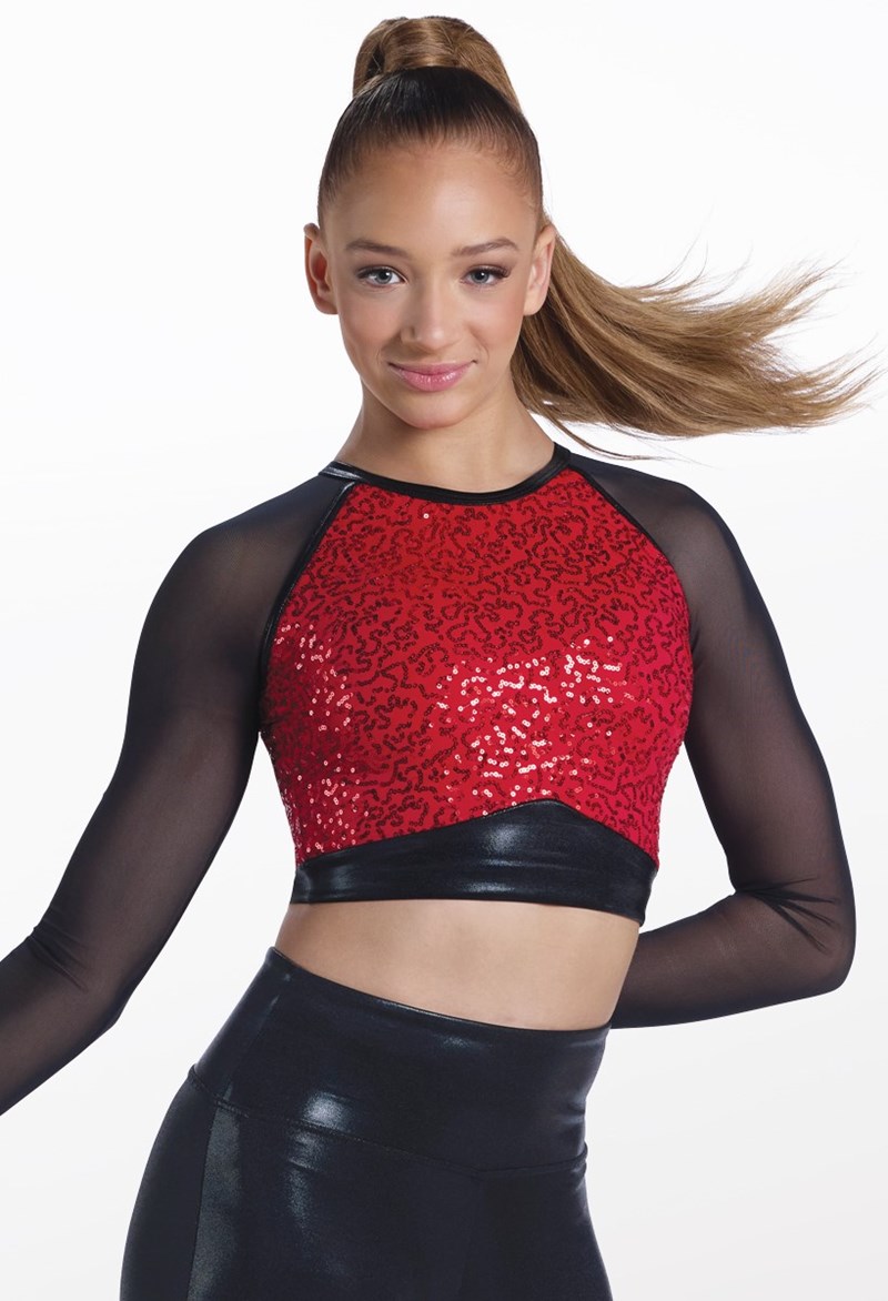 Mesh Sleeve Sequin Crop Top - Red - Small Adult - Dance Top 18534